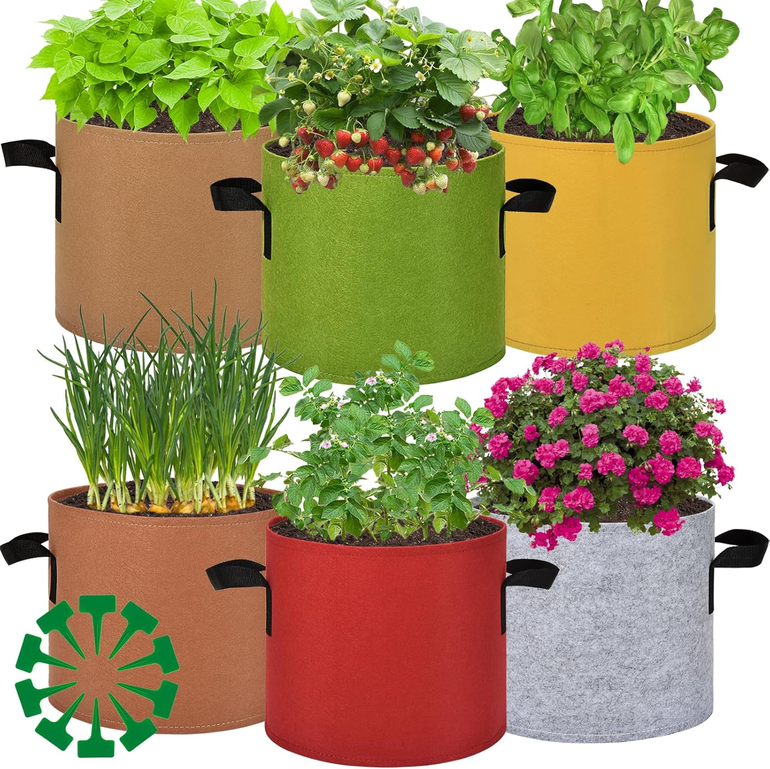 15 Gallon Grow Gags, 6 Pack Multicolor Fabric Plant Pot Bags with Long Handles for Garden Vegetables Flowers, Make Colorful Garden