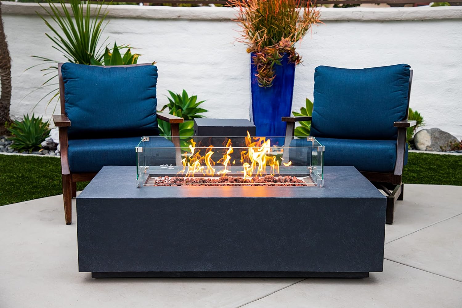 AMS Creations | Chelsea 55 inches Rectangular Natural Gas Outdoor Fire Pit Table | Concrete GFRC Fire Pit Table | with SS Burner, Canvas Cover, SS Lid, Lava Rock, and Wind Guard Included