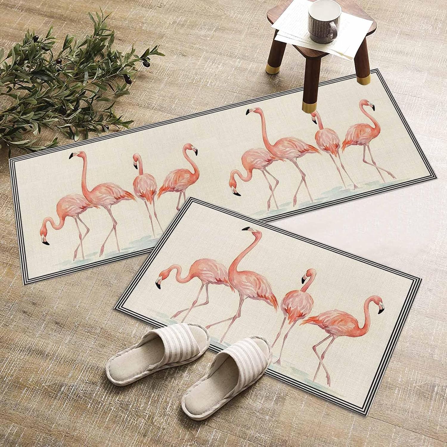 Kitchen Mats for Floor Watercolor Flamingo on Burlap Washable Non Slip Kitchen Rugs 2PCS, Farm Tropical Animals Absorbent Standing Mats for Sink Bathroom Office Living Room 15.7x23.6in+15.7x47.2in