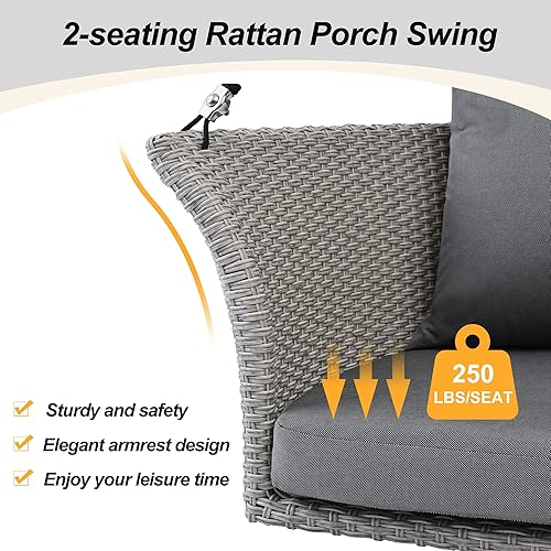 Miniatura 8 de Banco oscilante para patio y porche para 2 personas, sillas oscilantes tejidas de ratán al aire libre con cojines, almohadas y cuerdas, banco de
