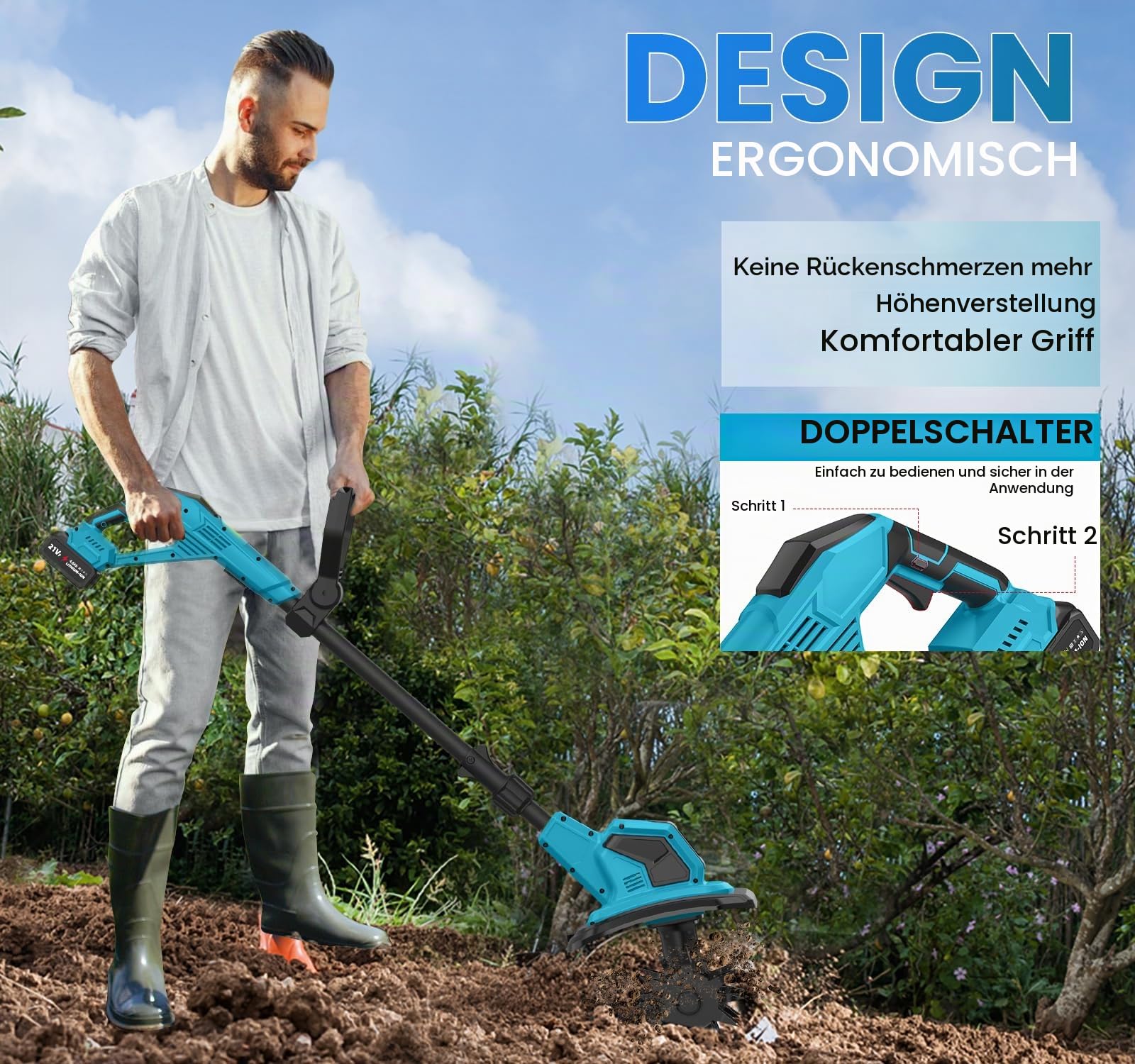 Elektrische Motorhacke, 21 V, kabellose Gartenfräse, 600 W, mit 2 x 4,0 Ah Batterien, Arbeitsbreite 17 cm, Arbeitstiefe 24 cm, 360 U/min, elektrische Motorhacke für Garten und Hof