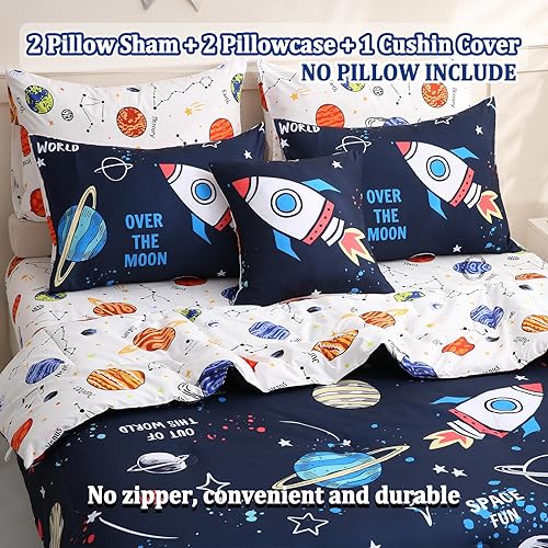 Miniatura 10 de Juego de ropa de cama individual de 6 piezas para niños, juegos de edredón de cohete tamaño individual con sábanas para niños, juegos de ropa de
