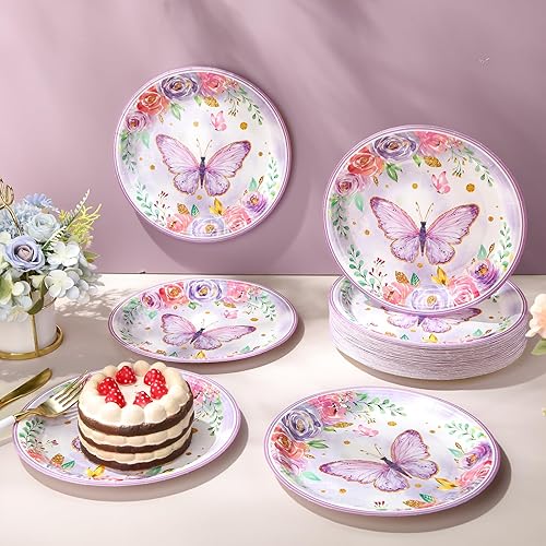 Miniatura 6 de Zopeal 60 platos de papel de mariposa de 9 pulgadas, platos de fiesta floral de primavera de mariposa, platos de cena de mariposa morada para niñas,