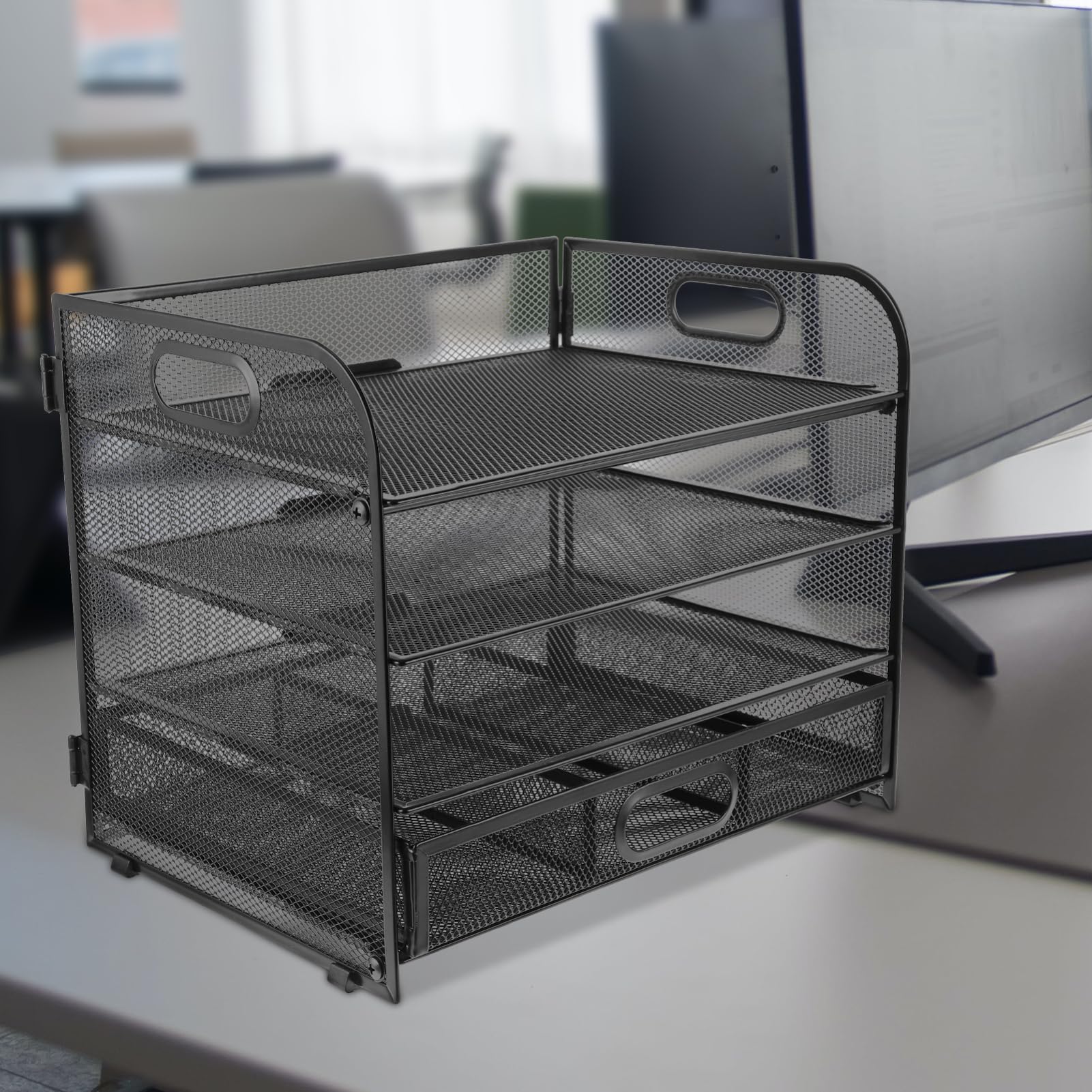 Organiseur de Dossiers de Bureau à 4 Niveaux Tiroir Noir
