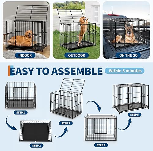 Miniatura 8 de Jaula para perros de 48 pulgadas, perrera de acero inoxidable para uso en interiores, jaula para perros a prueba de fugas con ruedas y bandeja
