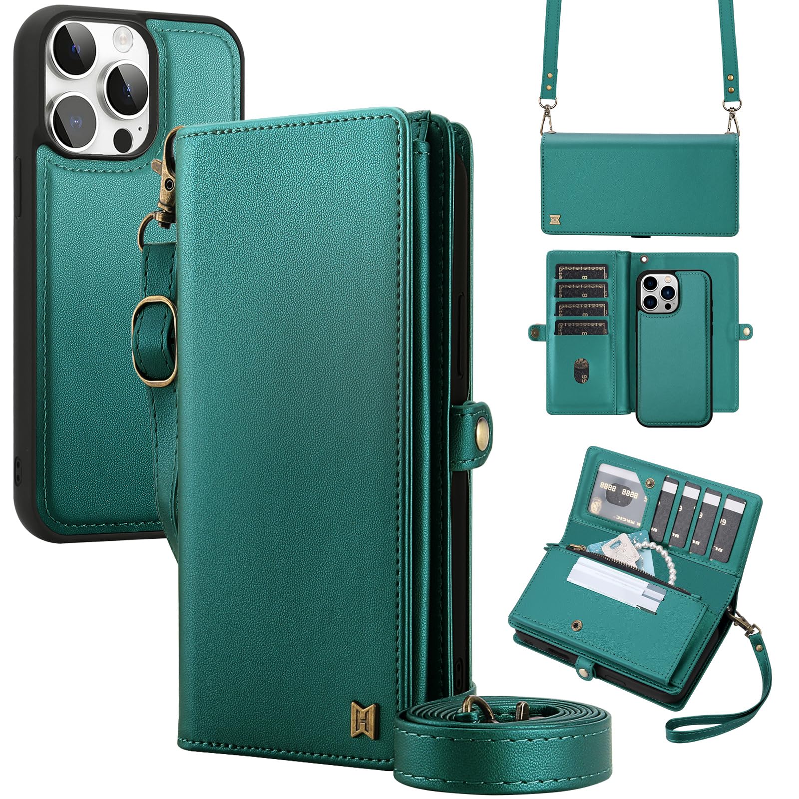 Etui portfelowe kompatybilne z iPhone 13 Pro Max, wielofunkcyjne, odpinane, magnetyczne etui 2 w 1, portfel na iPhone'a 13 Pro Max, z klapką, z paskiem na zamek błyskawiczny, etui na telefon z