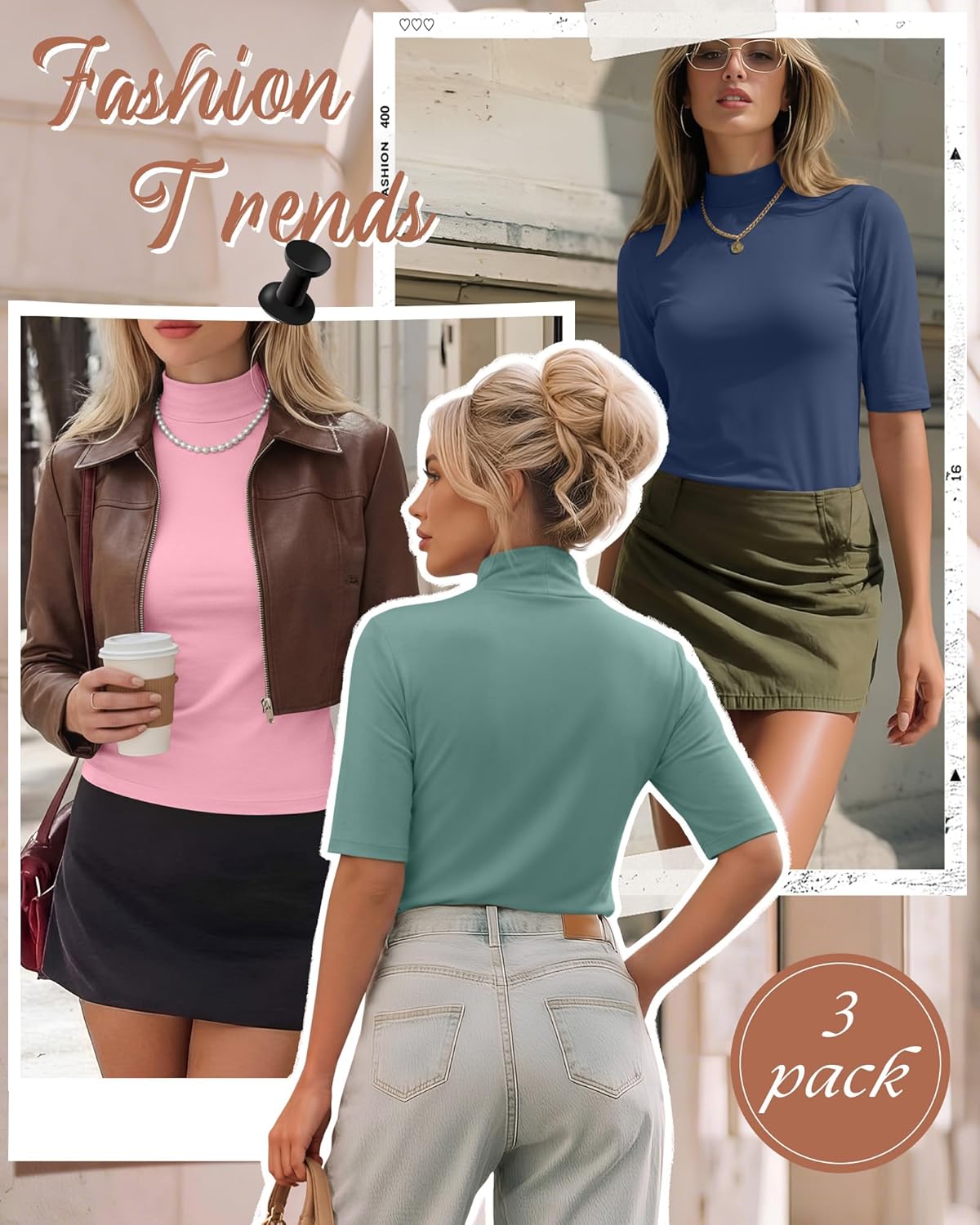 3 Pack Women's Mock Neck Tshirts Half Sleeve Turtleneck Tops Loose Fit Dressy Casual Tunic Shirts Summer Basic Tees