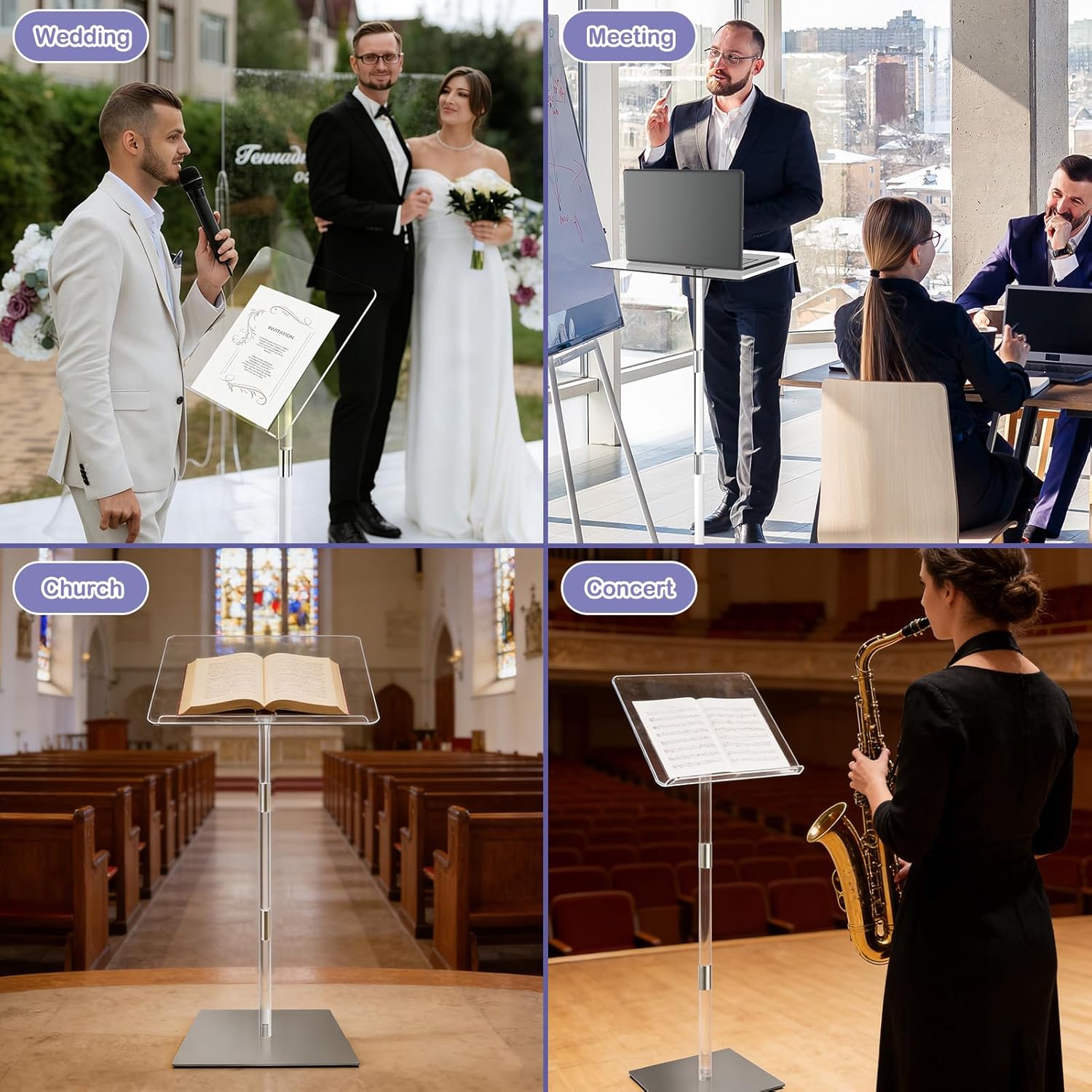 Acrylic Podium Stand, Portable Lecterns & Podiums Music Stand 180° Adjustable Angles with Metal Base for Church Classroom Wedding Concert Speech pulpitos para Iglesias 16" L x 12" W x 43" H (Clear)