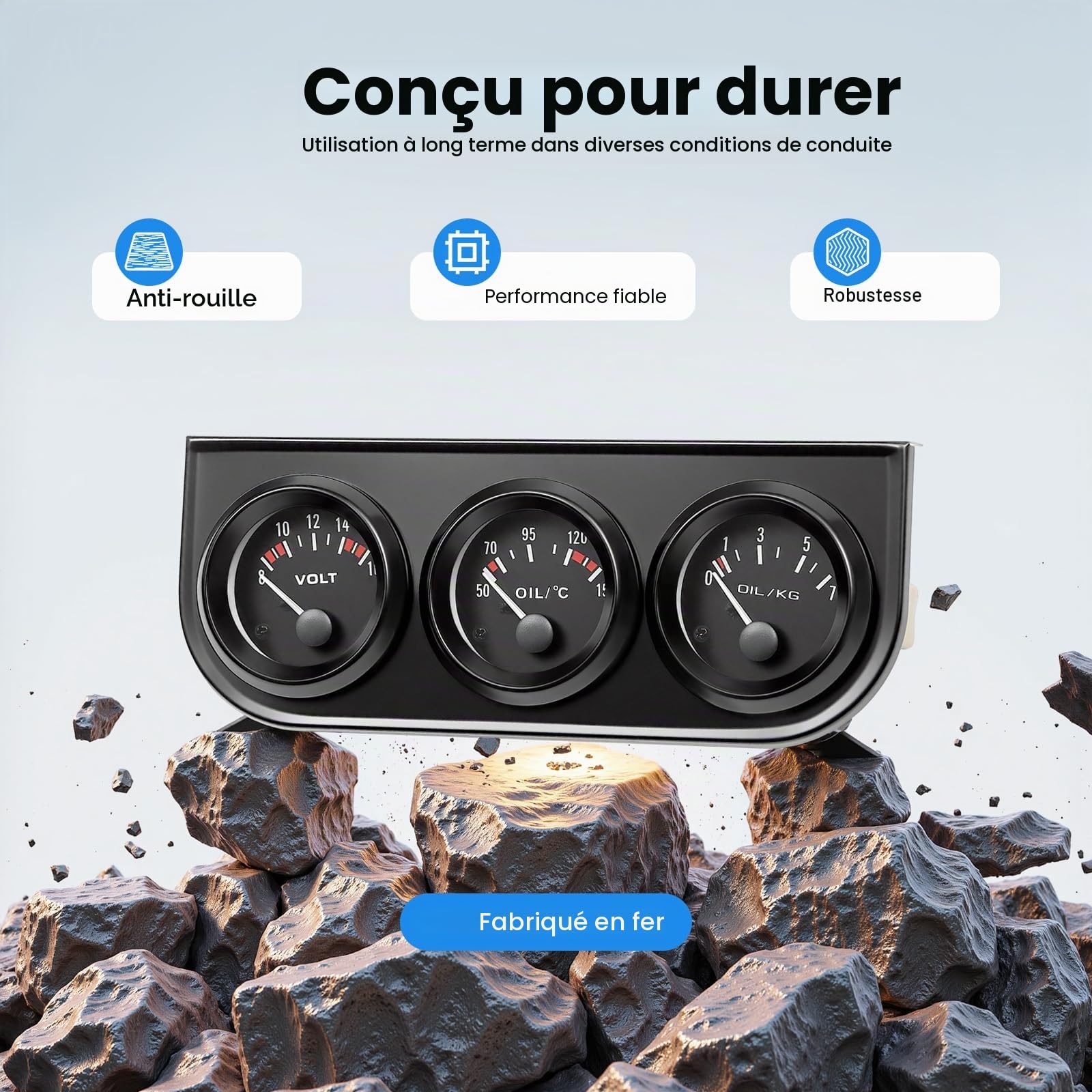 Instrument supplémentaire - Affichage de la température de l'huile 3 en 1 - Température de l'huile + pression d'huile + indicateur de voltmètre - Voltmètre - Instruments supplémentaires - Noir - 52 mm