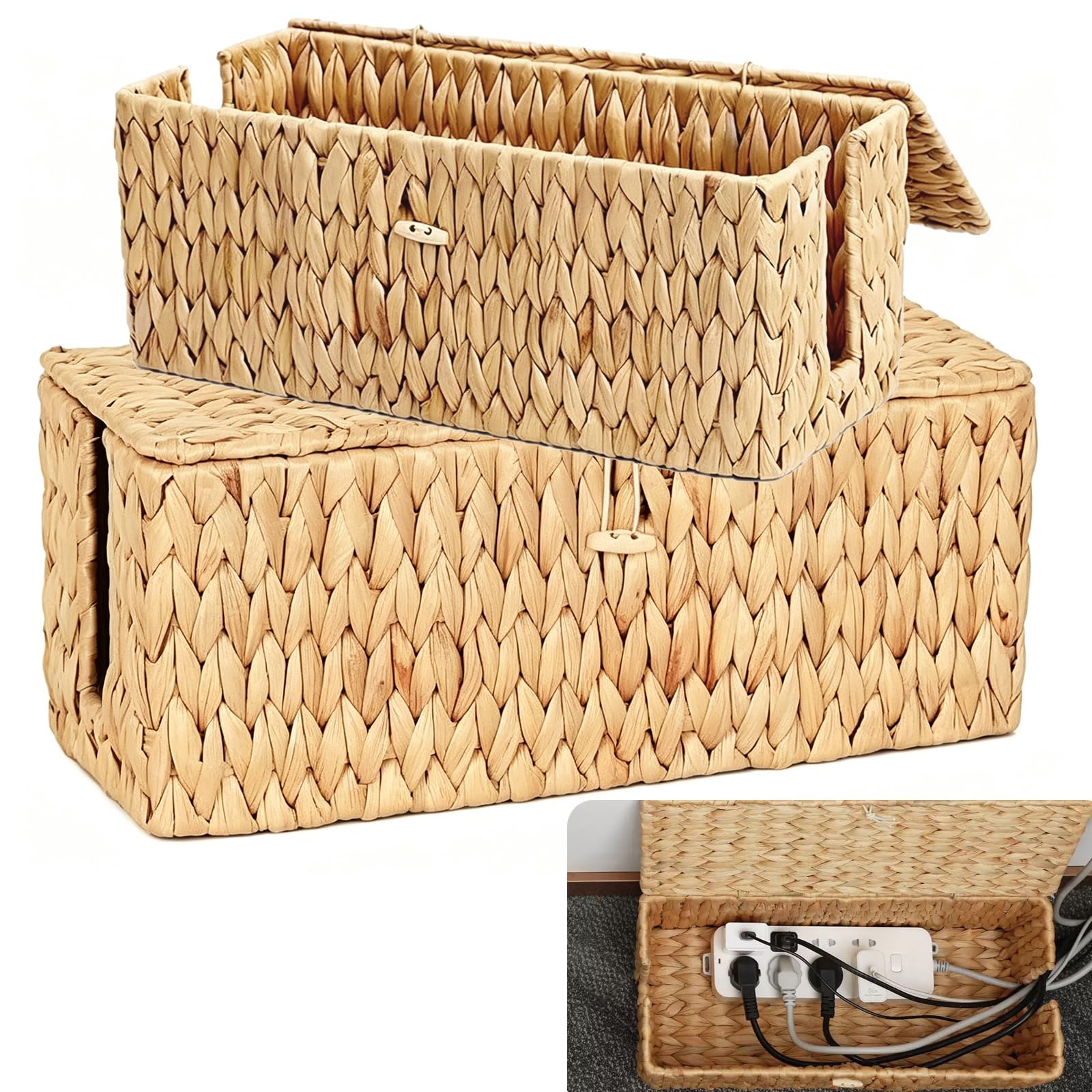 2 cajas de cables hechas a mano jacinto de agua, caja de madera adecuada para oficina en casa