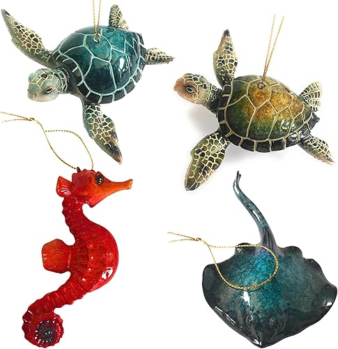 Paquete de 4 adornos navideños  Tortuga marina azul, tortuga marina verde, caballo marino y mantarraya  Adornos náuticos costeros
