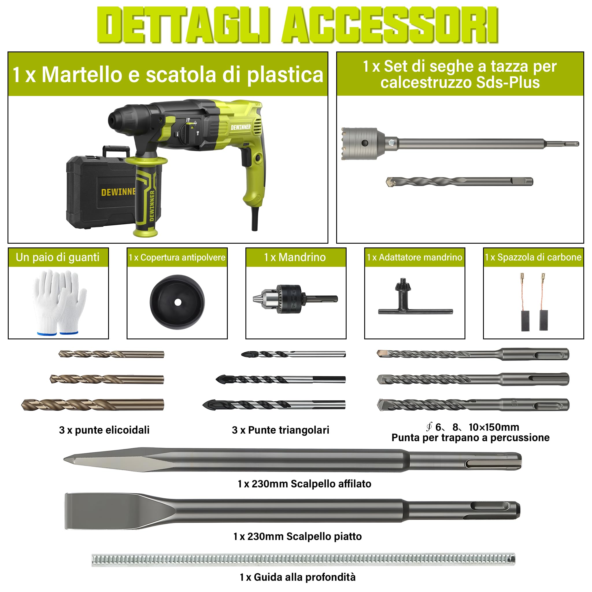 DEWINNER Martello Perforatore 1100 W 3.4 J, 0-1500 RPM/5500 BPM con 4 Funzioni e Frizione di Sicurezza, 20 Accessori tra cui Cemento Seghe a Tazza, Velocità Variabile, Cemento, Acciaio, Legno