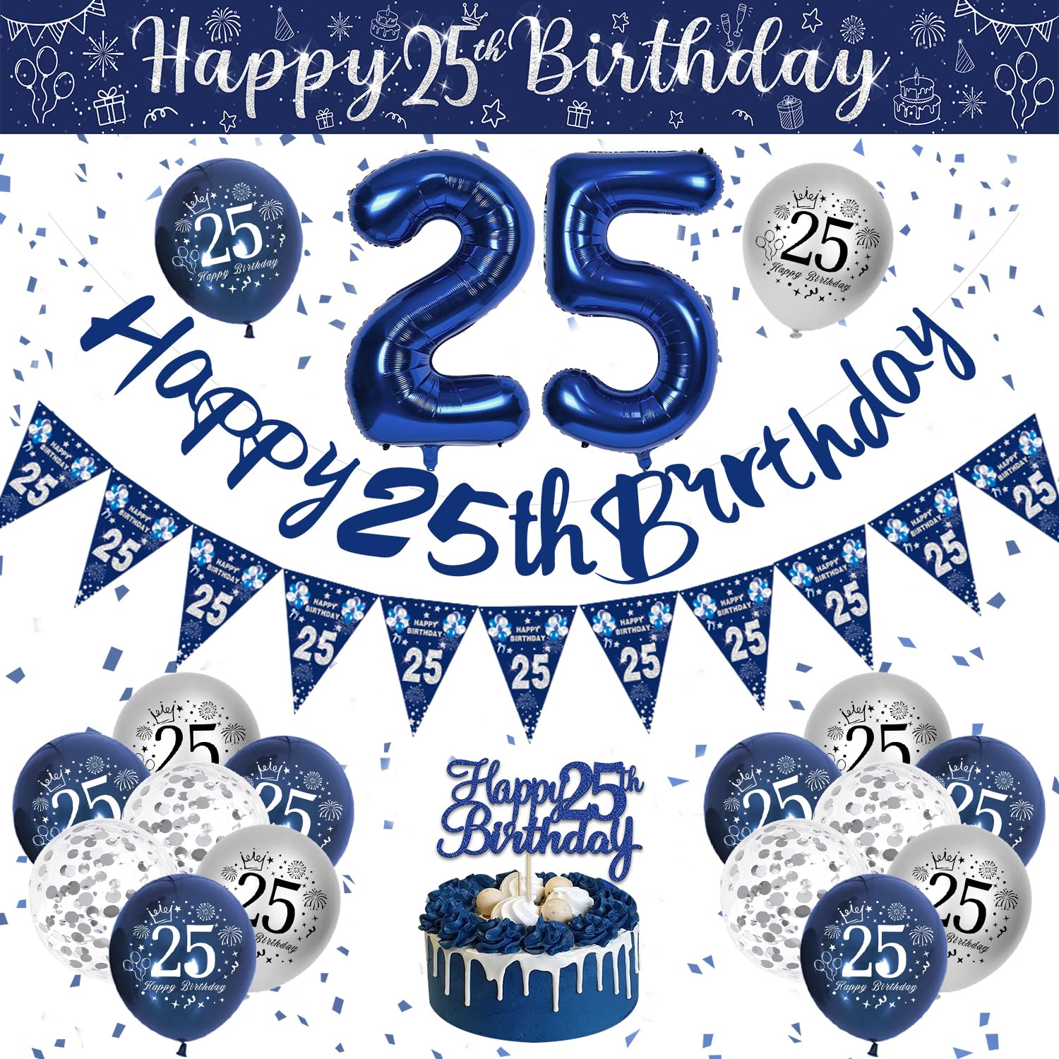 25th Birthday Decorations Men, Blue and Silver Happy 25th Birthday Banner, Navy Blue and Sliver 25th Birthday Balloons, Confetti Balloons 25th Party Decorations for Men, 25th Birthday Party Supplies — image 1