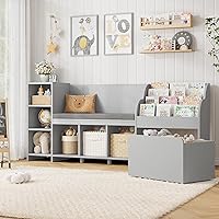 HOSTACK 67" Kids Reading Nook with Bench & Cushion, 6-Cubby Bookshelf, Wheeled Toy Chest for Playroom Bedroom - Grey