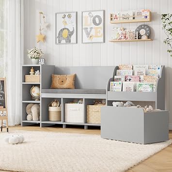 HOSTACK 67" W Kids Reading Nook with Bookshelf, Toy Storage Organizer, Grey
