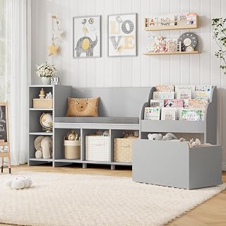 HOSTACK 67" W Kids Reading Nook with Bookshelf, Toy Storage Organizer, Grey | Cushioned Bench & Large Movable Toy Storage Box on Wheels, 6 Open Cubbies for Ease Fetch, Kid Bookcase for Playroom, Kid Room