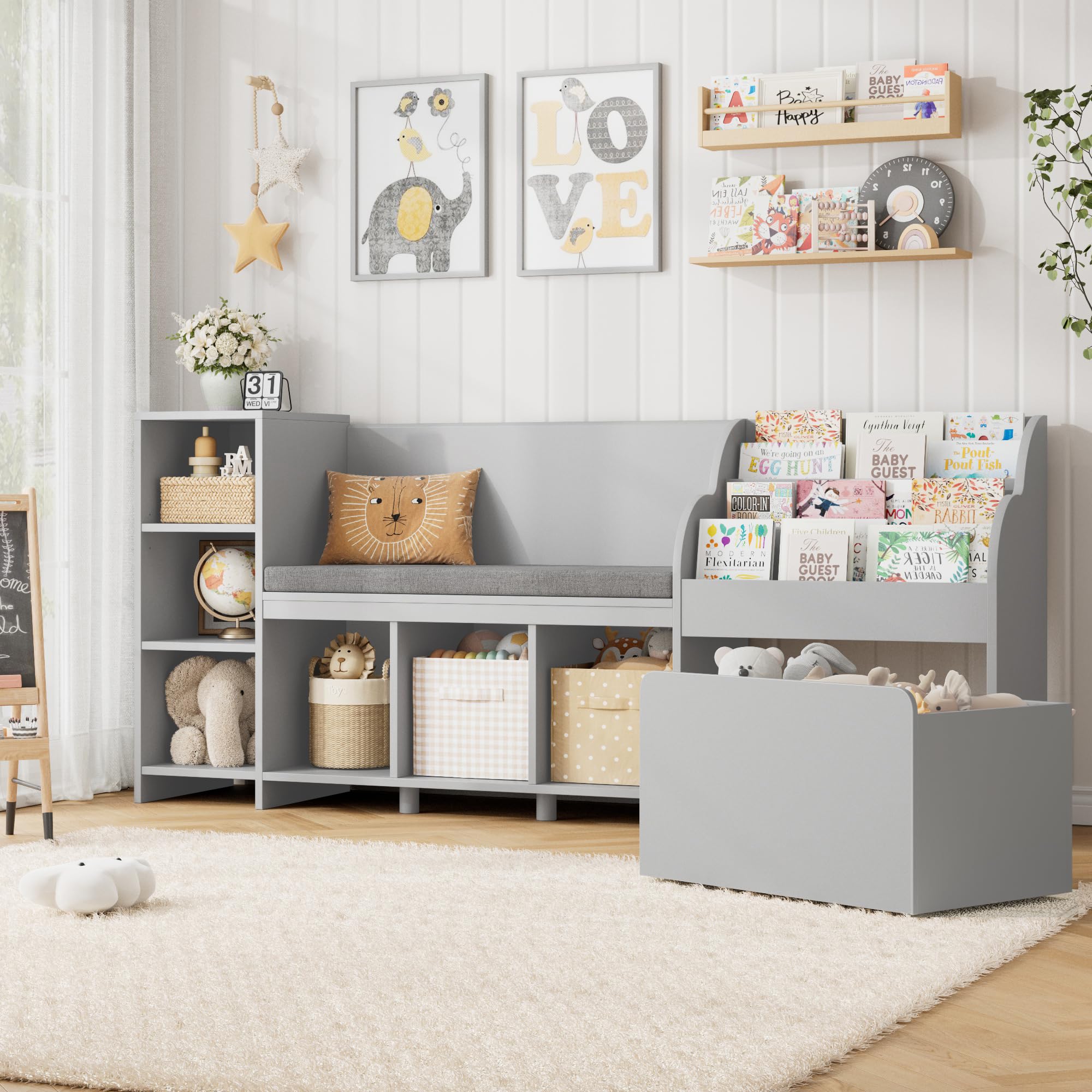 HOSTACK 67" Kids Reading Nook with Bench, Kids Bookshelf and Bookcase with Seat Cushion and 6 Storage Cubbies, Toy Storage Box on Wheels, Toy Chest for Playroom, Bedroom, School, Grey