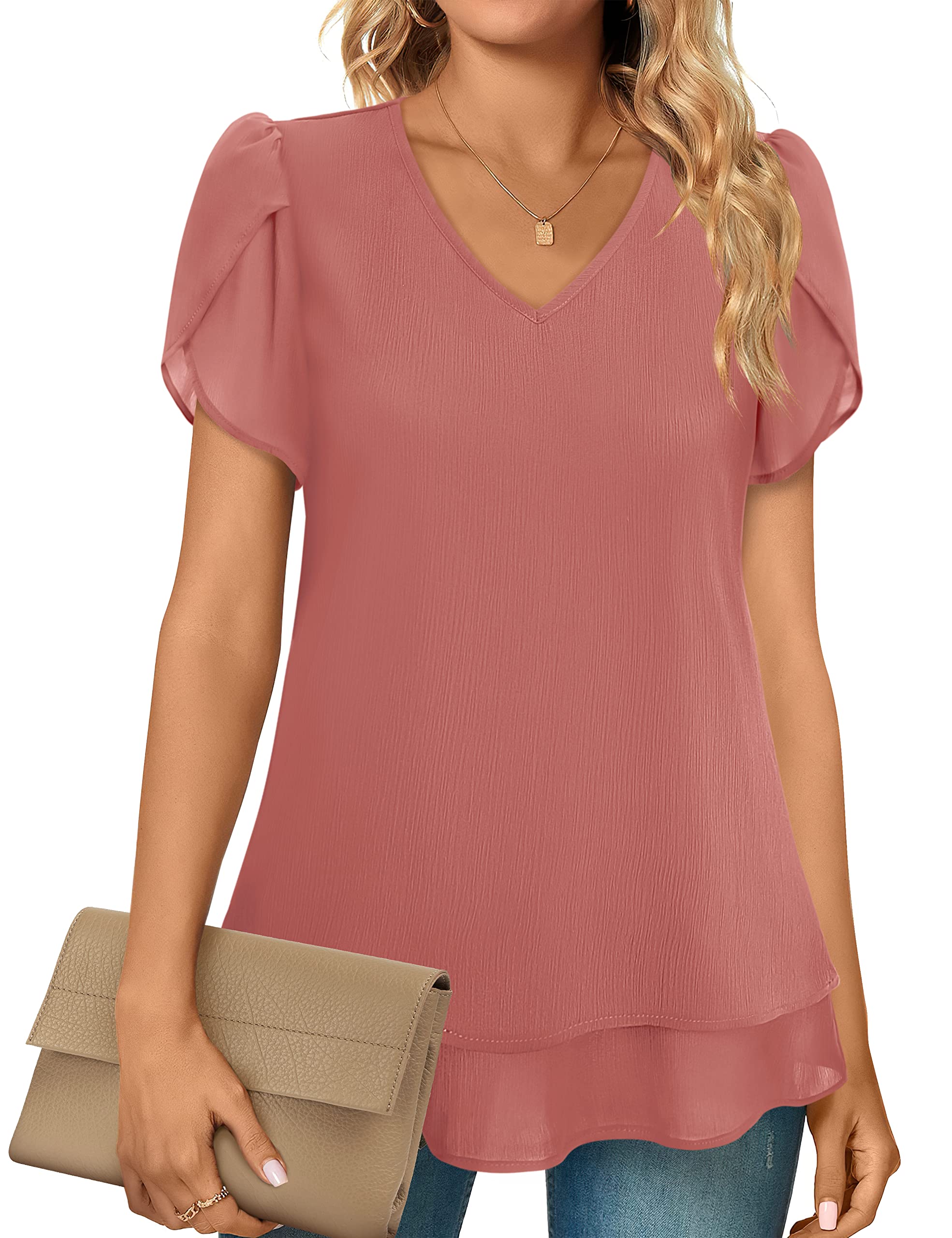 FurnexWomen's Petal Short Sleeve V Neck Blouses Double Layers Chiffon Tunic Tops