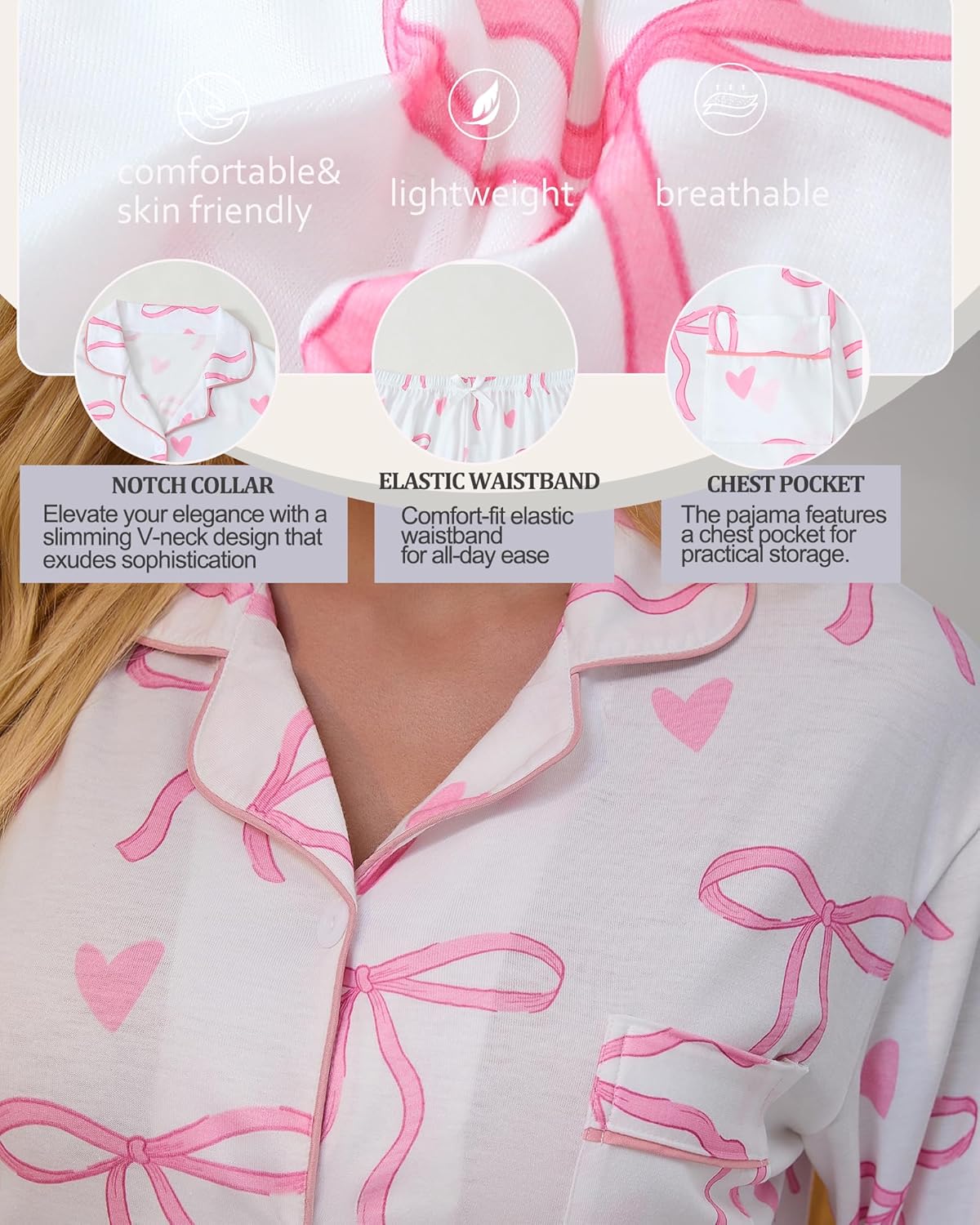 Pajamas for Women Set 2 Piece lounge sets Long Sleeve Button Down Loungewear Bow Print Sleepwear Soft Pj,Chest Pocket(S-XL) - Image 5