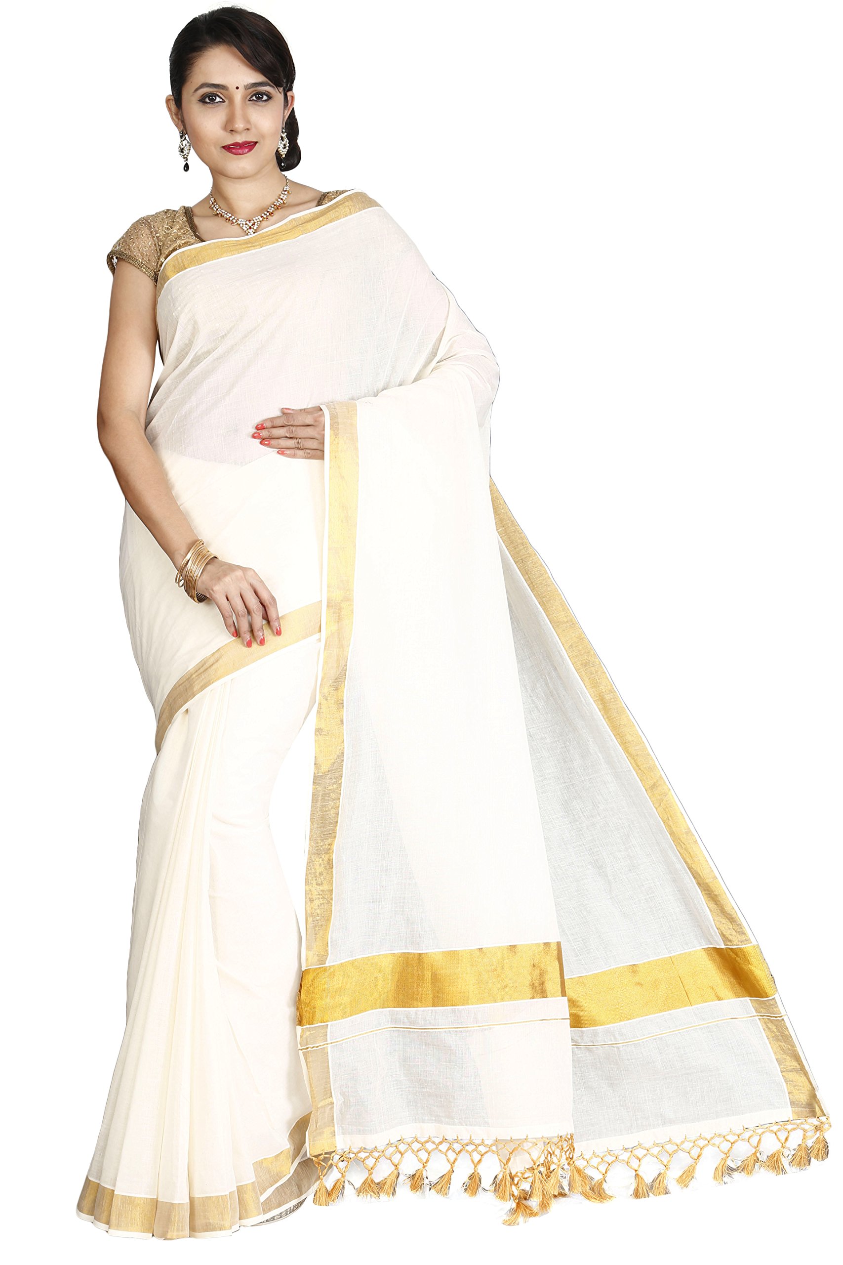 jisb Women Kerala Kasavu plain saree with fringes,Cream color-picture-31