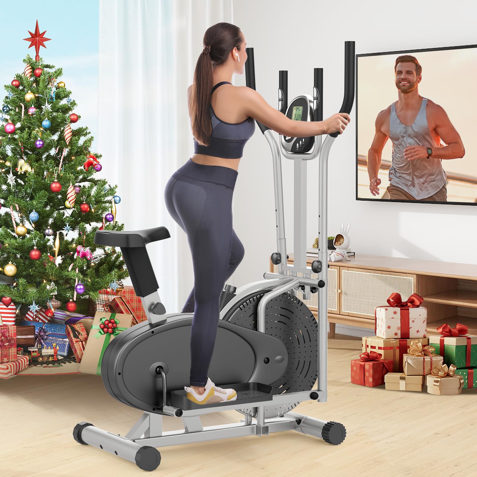 Bicicleta Elíptica, 2 en 1 Bicicleta Elíptica y Bicicleta Estática con Asiento, Monitor LCD, Resistencia Ajustable, Pedal Antideslizante, Máquina Elíptica para Ejercicios Aeróbic en Interiore