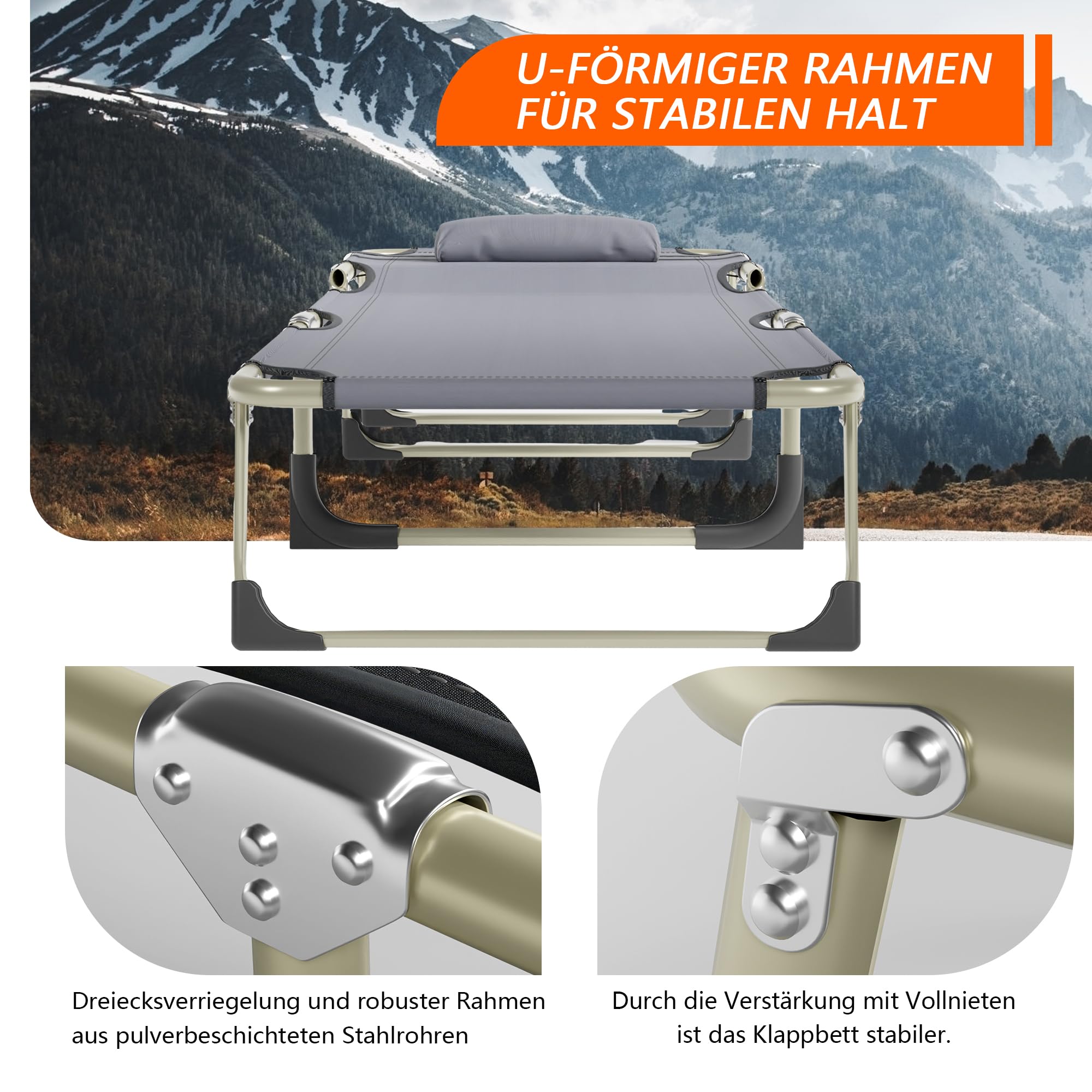 Campingbetten mit 5 Positionen für Erwachsene, Campliege mit Matratze, tragbarer Campingliege für Strand, Rasen, Camping, Pool, Sonnenbaden (Schwarz)