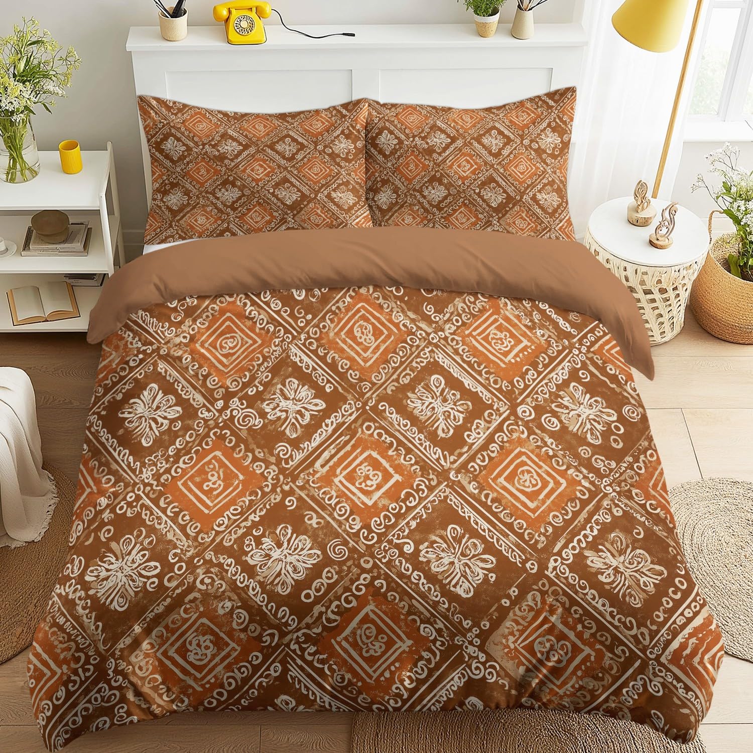 3-częściowy komplet pościeli boho 200 x 200 cm, poszewka na kołdrę – vintage, geometryczny wzór w romby, kwiatowy, miękka pościel z mikrofibry, dwustronna, z 2 poszewkami na poduszki, brązowa