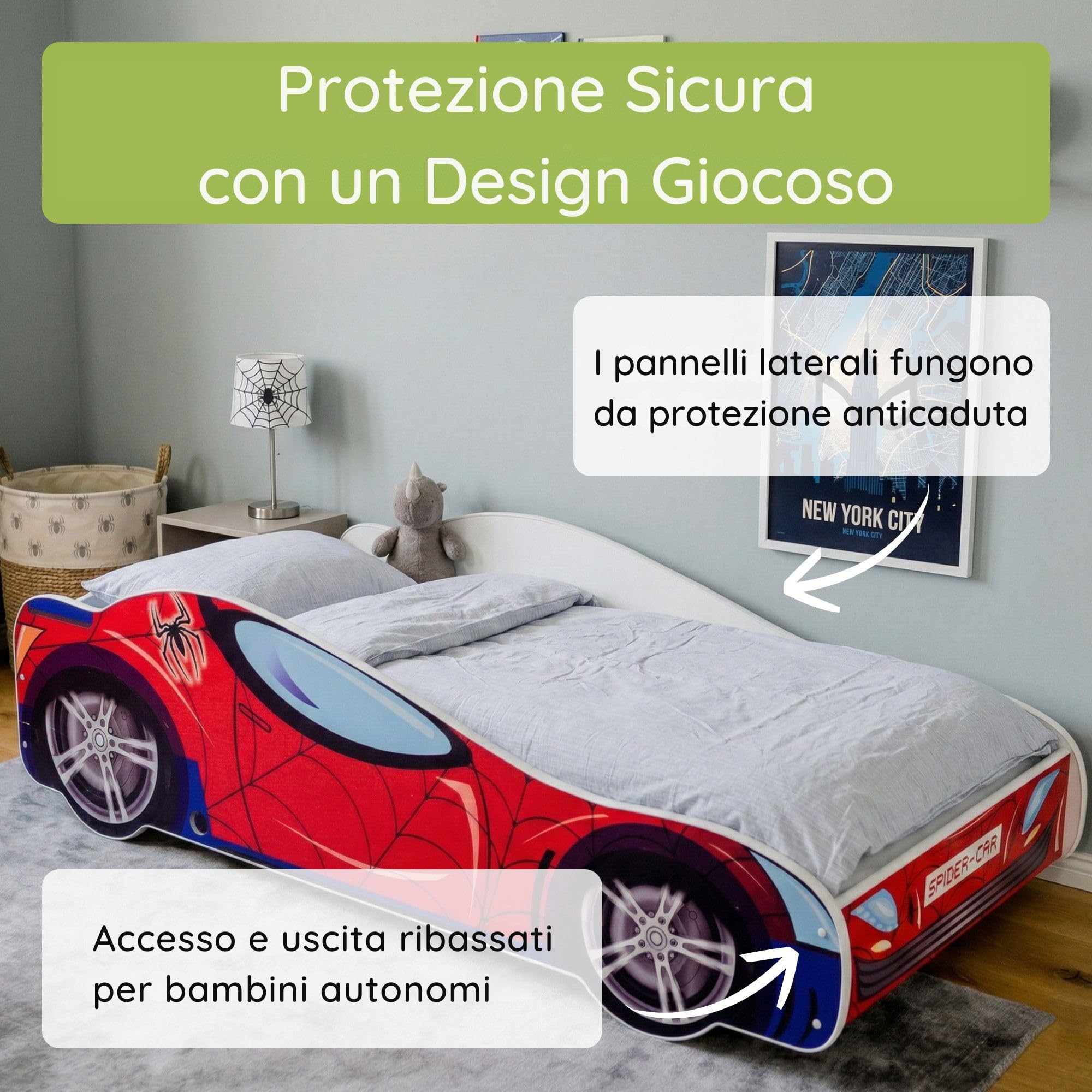 Lettino con materasso 80 x 160 cm, lettino per bambini con rete a doghe 80 x 160 cm, letto per bambini da corsa Spider