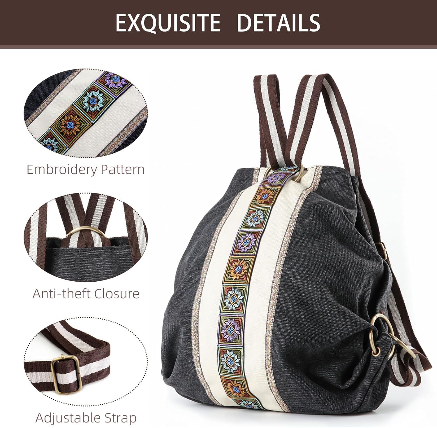 Goodhan WomCanvas Backpack Daypack Casual Shoulder Bag, Vintage Heavy-duty Anti-theft Travel Backpack(Grey Black) - Image 2