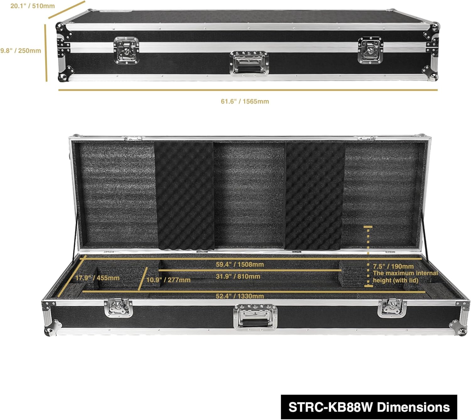 Sound Town Plywood 88-Note Keyboard ATA Flight Case, with Recessed Wheels, Handles and Latches, High-density Foam Interior (STRC-KB88W)