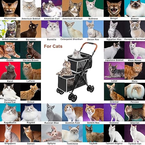 Miniatura 9 de Cochecito doble para mascotas para perros y gatos, cochecito plegable con una sola mano para perros pequeños y medianos, gatos, 4 ruedas, negro