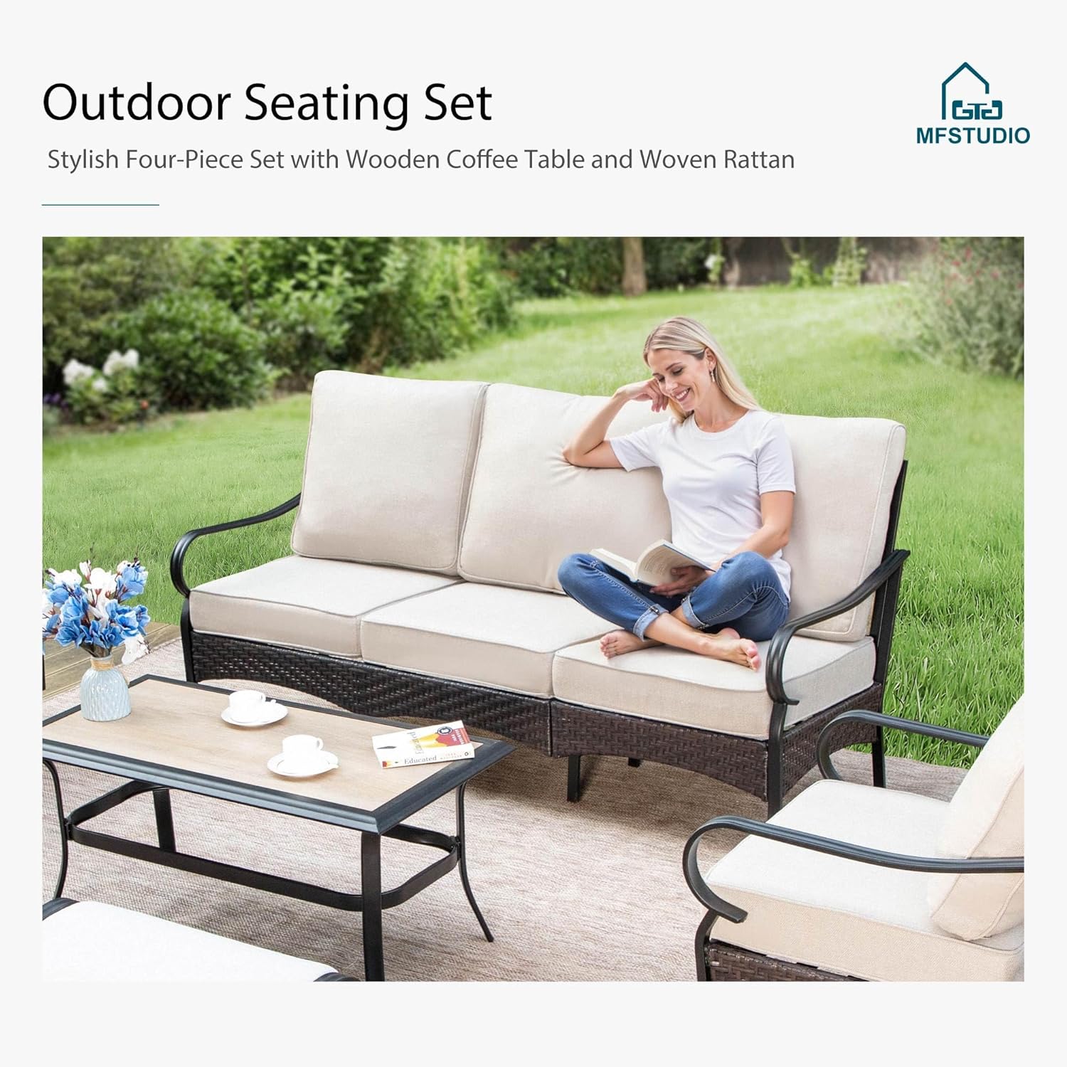 MFSTUDIO 4 Pieces Outdoor Patio Furniture Set, Metal Outdoor Conversation Set, Rattan Wicker Patio Sectional Sofa Set with 2 x Fixed Single Sofa, 3-Seat Sofa, 1 x Coffee Table, Beige