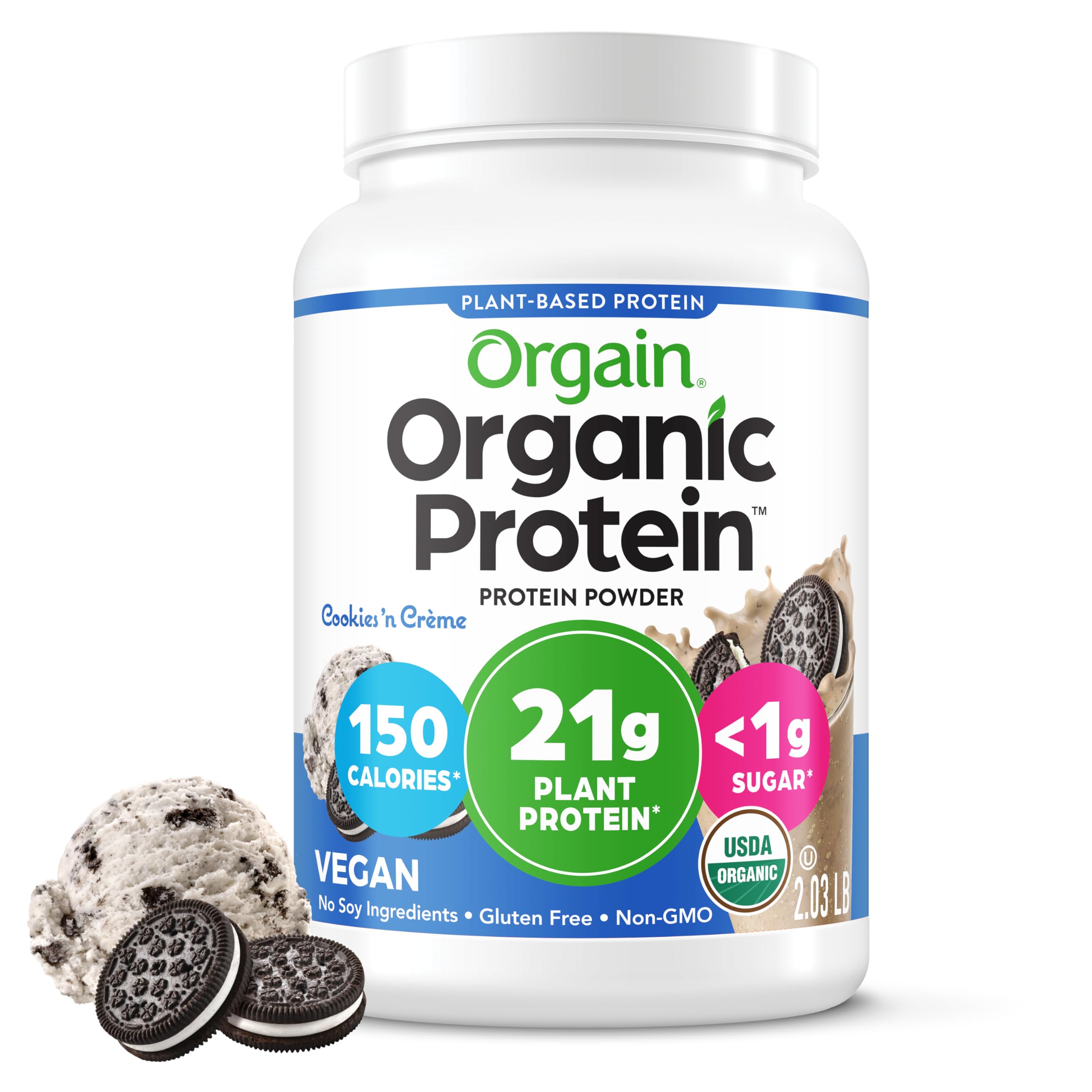 Orgain Organic Vegan Protein Powder, Cookies & Cream - 21g Plant Based Protein, 7g Prebiotic Fiber, Low Net Carb, No Lactose Ingredients, No Added Sugar, Non-GMO, For Shakes & Smoothies, 2.03 lbUSDA Organic