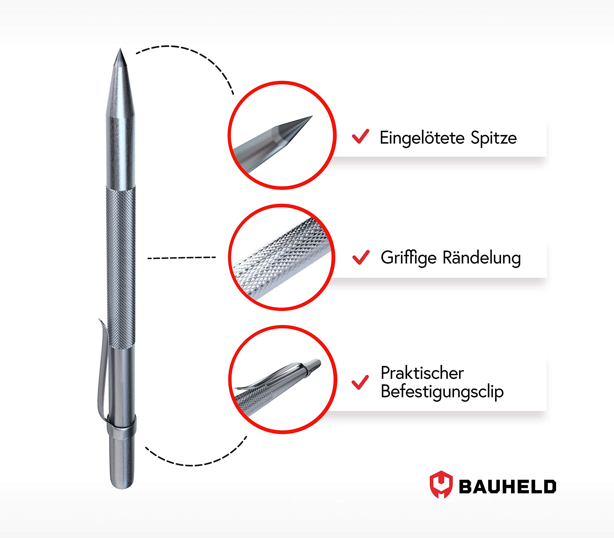 BAUHELD Metalen scheurnaald 150 mm [Made in Germany] - scheurnaald met gesoldeerde hardmetalen punt - scheur gereedschap van staal [inclusief timmerpot] - met bevestigingsclip en beschermkap