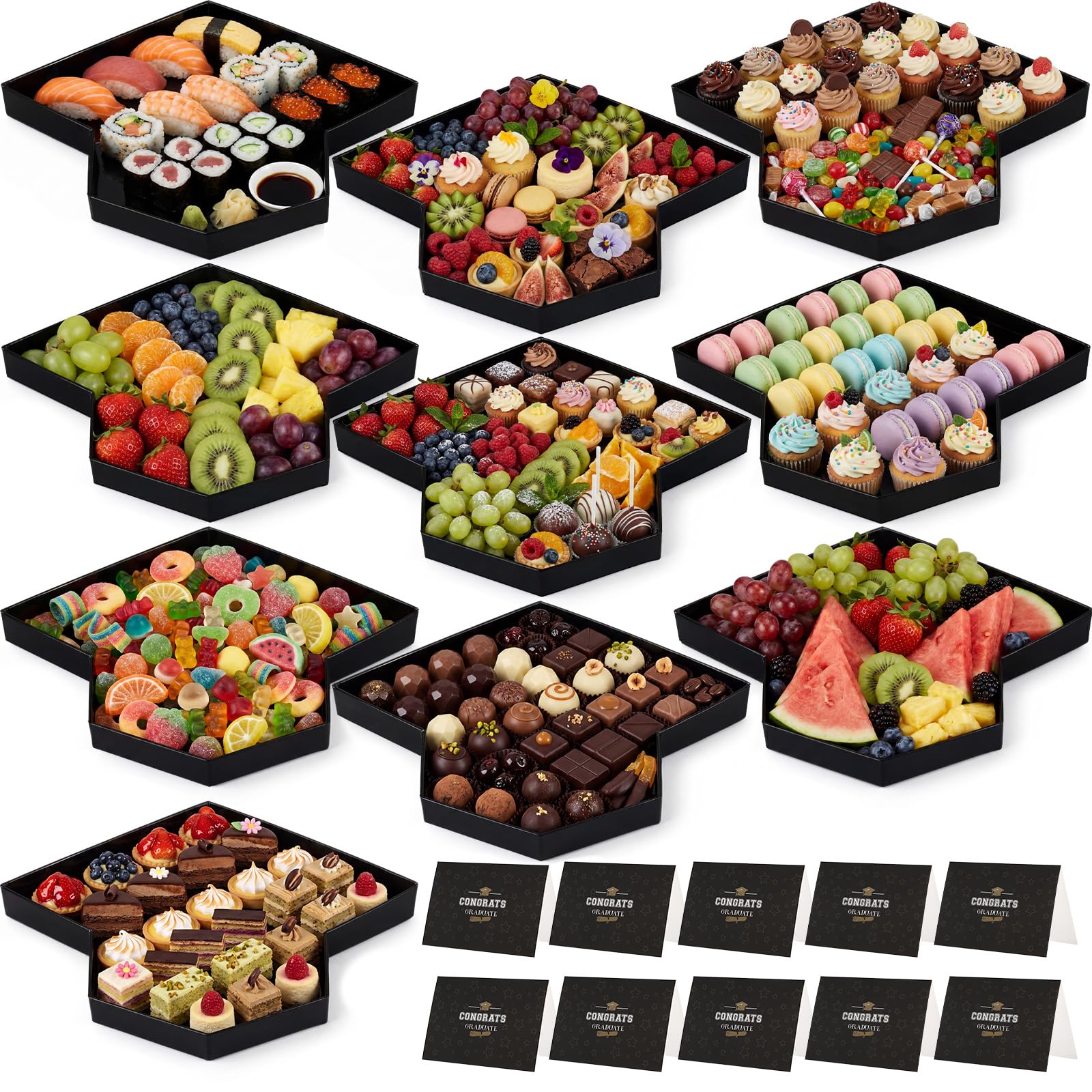 Gueevin 10 Pcs 2026 Graduation Cap Serving Tray Grad Charcuterie Fillable Cardboard Food Tray with 10 Cards Candy Box Container Graduation Decorations for 2026 College Grad Party Supplies