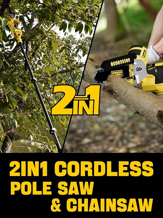 Cordless Pole Saw, 8-INCH 2-IN-1 Chainsaw with 21V 4.0Ah Battery Powered, Electric Tree Trimmer with 9FT Telescopic Pole, 180Angle for Tree Branches Pruning & Wood Cutting, Battery Included