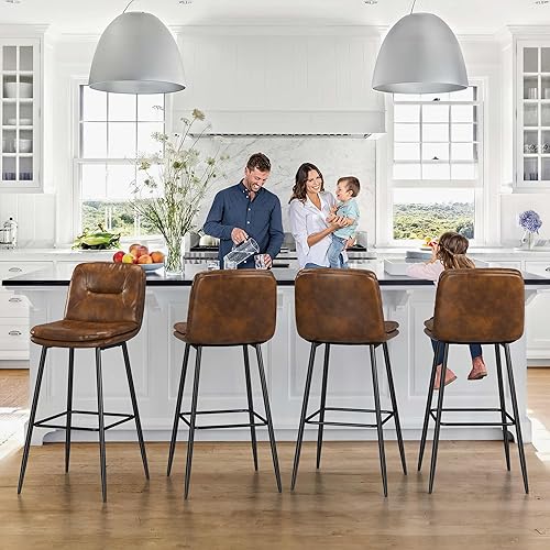 Miniatura 6 de Juego de 3 taburetes de bar tapizados de doble capa para isla de cocina, pub, taburetes de bar de piel sintética con respaldos, sillas de bar de 30