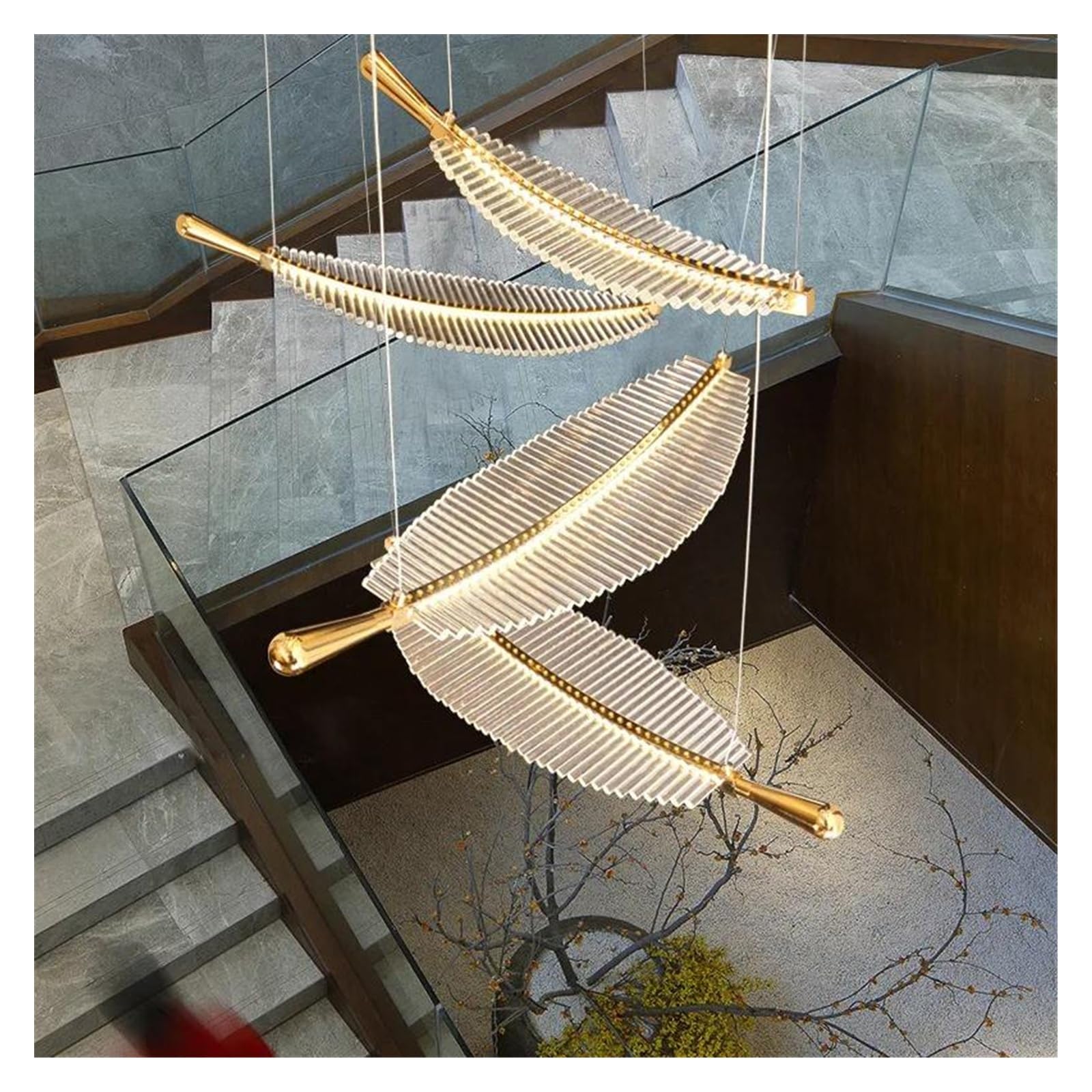 Lámpara de araña LED de Lujo con diseño de Hojas de Cristal y Plumas, iluminación Creativa para escaleras giratorias, Sala de Estar y Comedor (luz cálida, 80 cm de Largo).