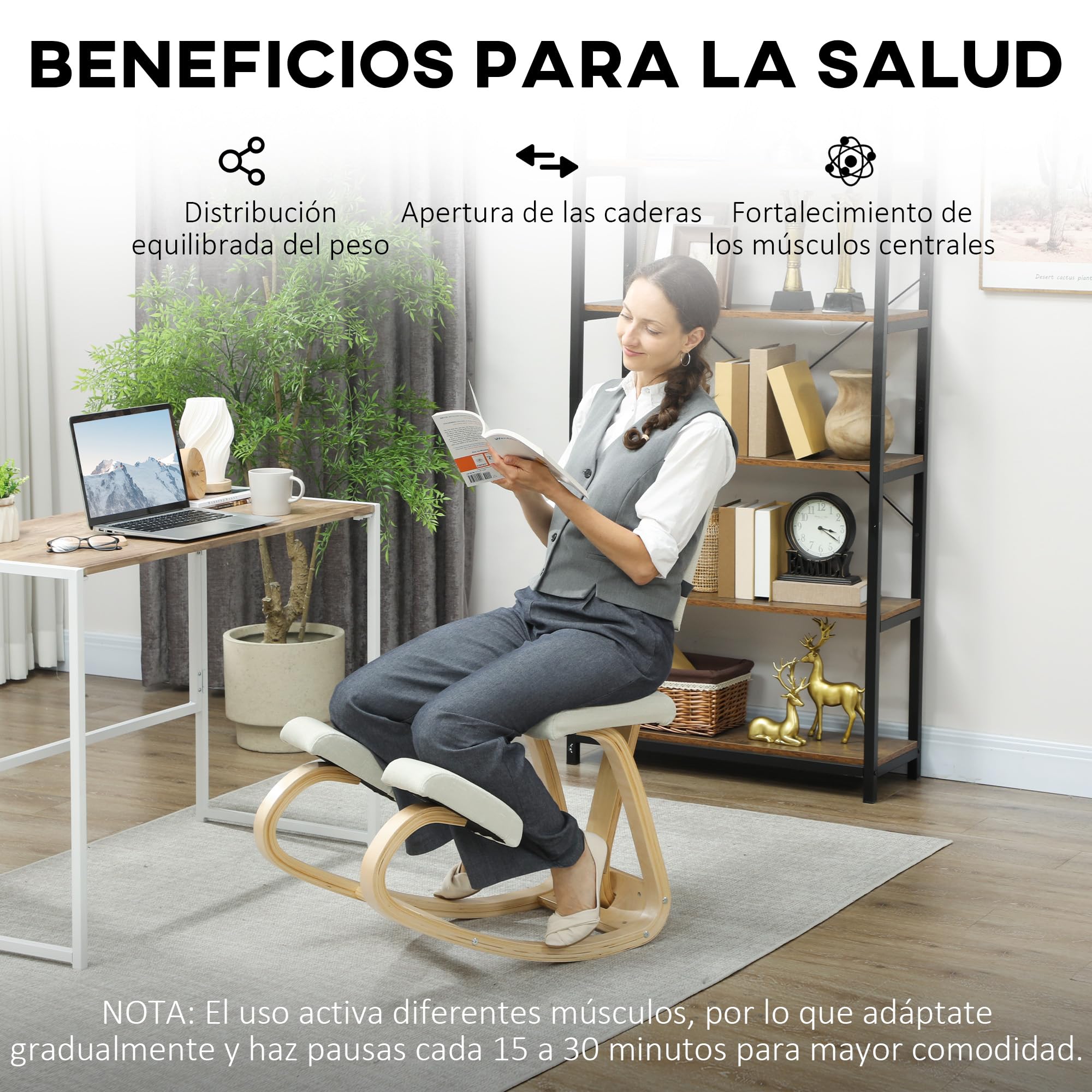 HOMCOM Silla Ergonómica de Rodillas con Respaldo, Silla de Rodillas, Cojines Acolchados, Marco de Madera, para una Mejor Postura, Oficina, Crema