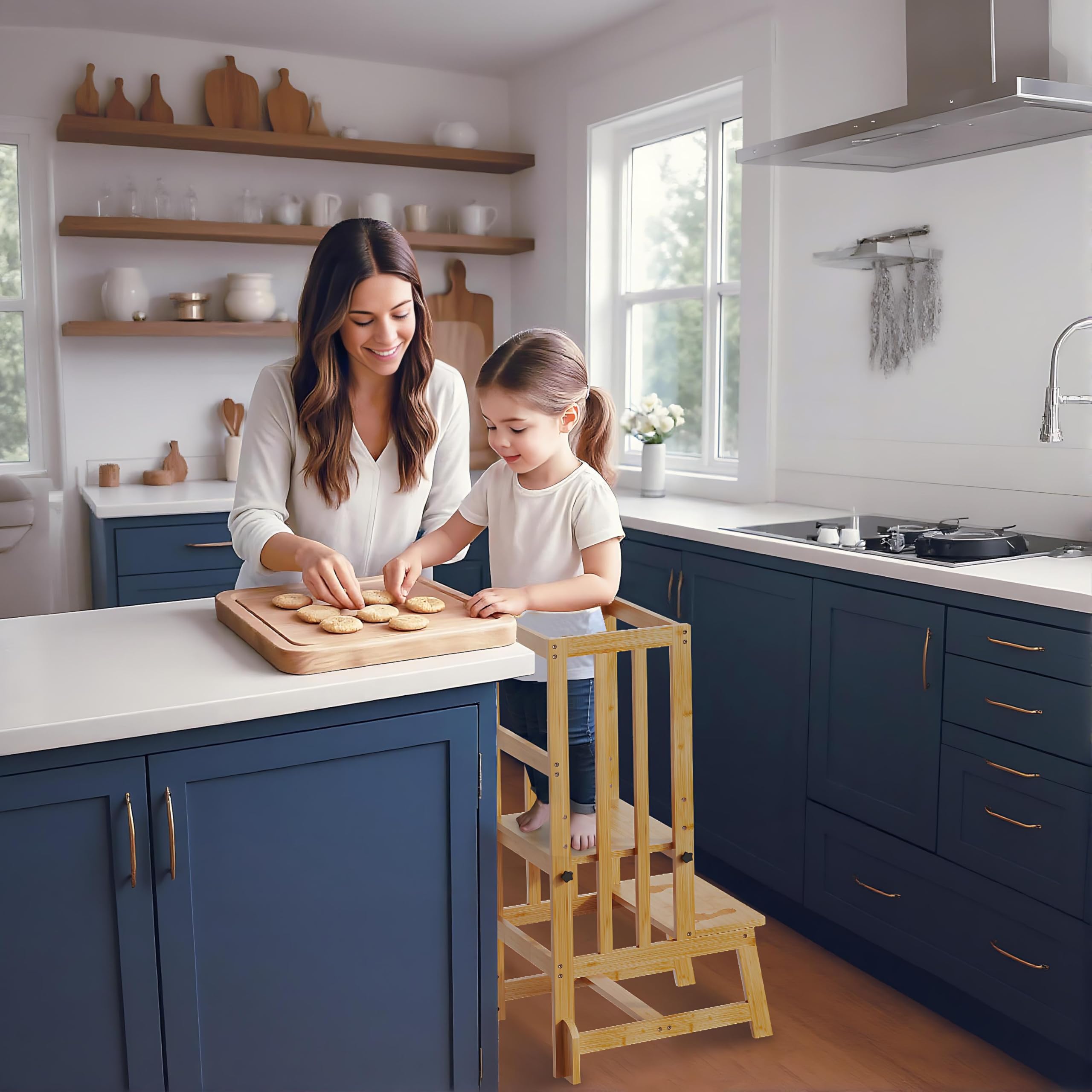 BAMBOOHOMIE Sgabello da cucina per bambini, torre in piedi regolabile in altezza con piedini antiscivolo, sgabello per l'apprendimento dei più piccoli per bancone della cucina o lavandino del bagno