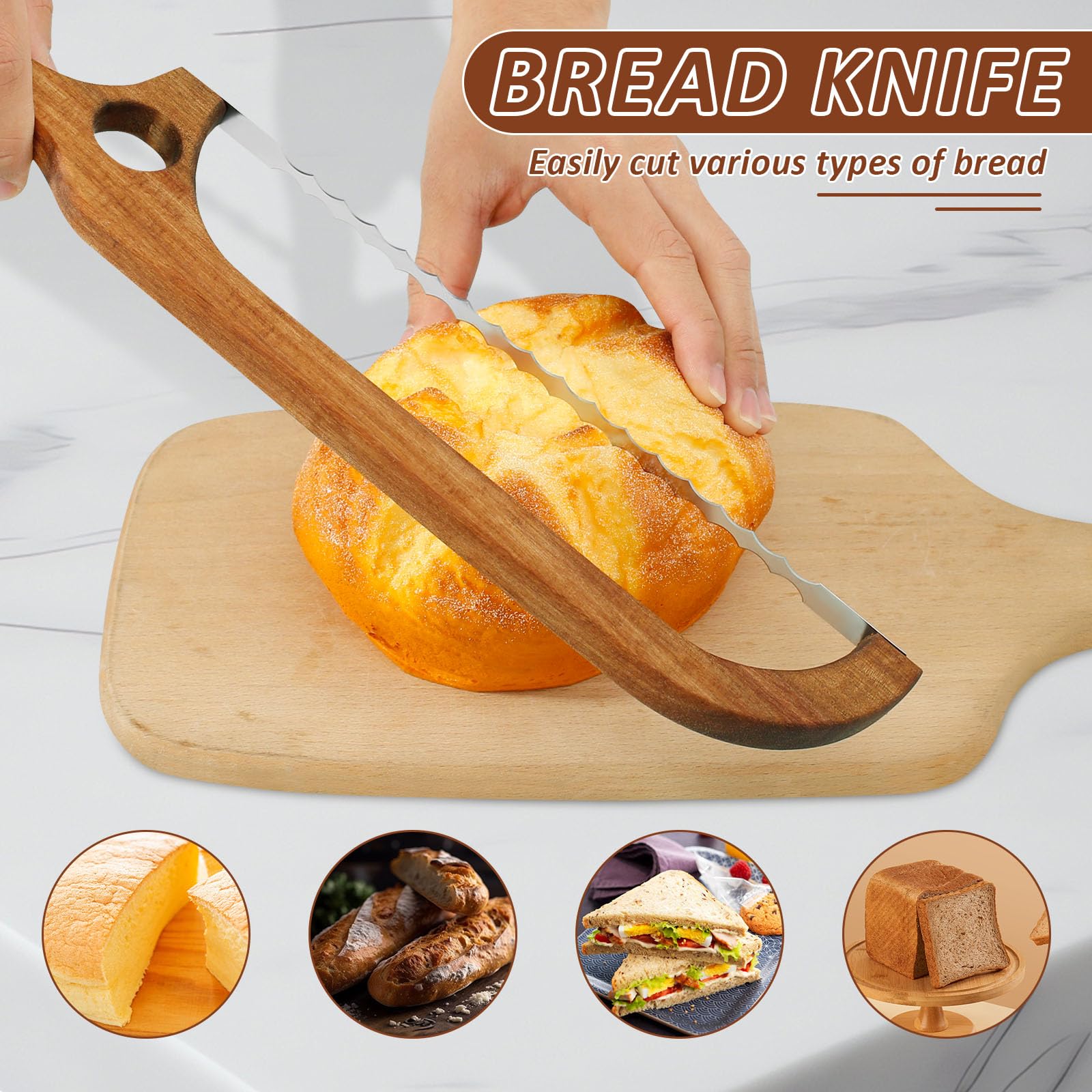 bigjvbfv Wood Bread Bow Knife with Stainless Steel Serrated Blade Bow Design Bread Knife Easy to Cutting Sourdough Bread Knife with Ergonomic Handle for Homemade Bread (Double-peak saw blade)