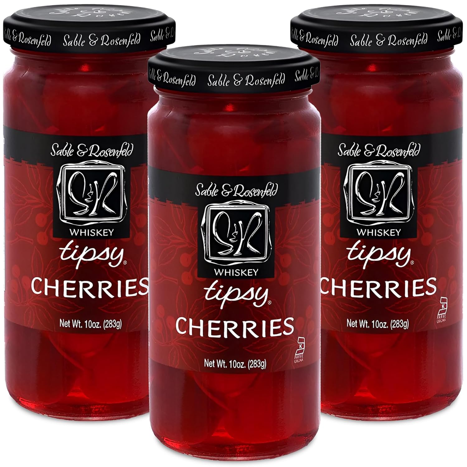 Whiskey Tipsy Cherries Cocktail Garnish - Whiskey Cherries in Spiked Syrup, Premium Cocktail Cherries for Manhattans, Martinis, Dessert, Cheese Tray - Sable & Rosenfeld - 10 oz (Pack 3)