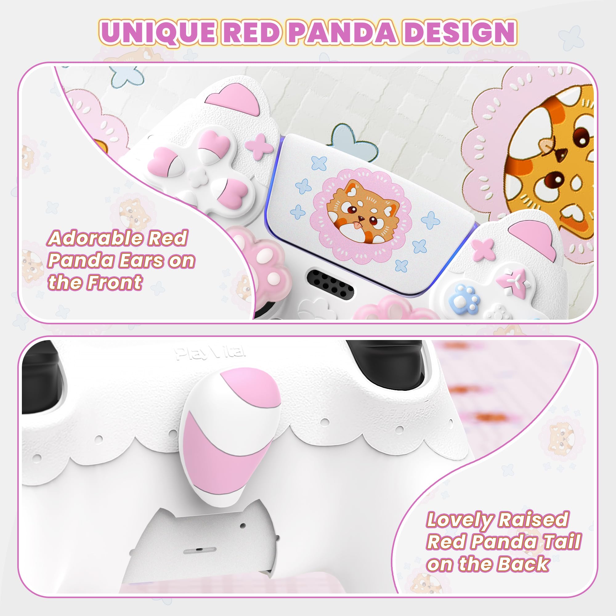 PlayVital Cover Controller per ps5 Joystick, Custodia Silicone Skin Antiscivolo&Copri Analogici&Adesivi, Adatto per ps5 Base di Ricarica, Panda Minore di Primavera Carino - Bianco