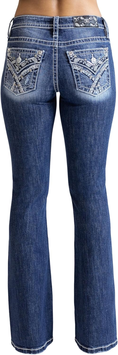 Miss Me Women's Criss Cross Paisley Faux Flap Pocket Mid-Rise Bootcut Jeans