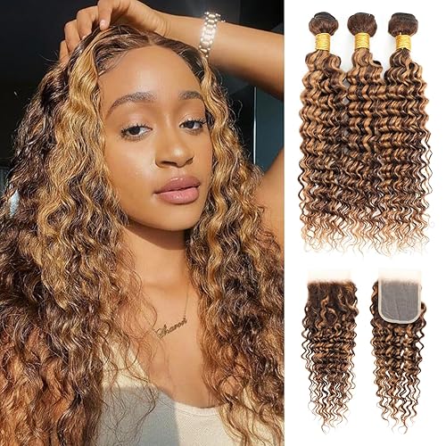 Extensiones de cabello humano brasileño con ondas profundas y reflejos rubio miel con cierre, 10A, suave, grueso, marrón degradado, rizado, 100%