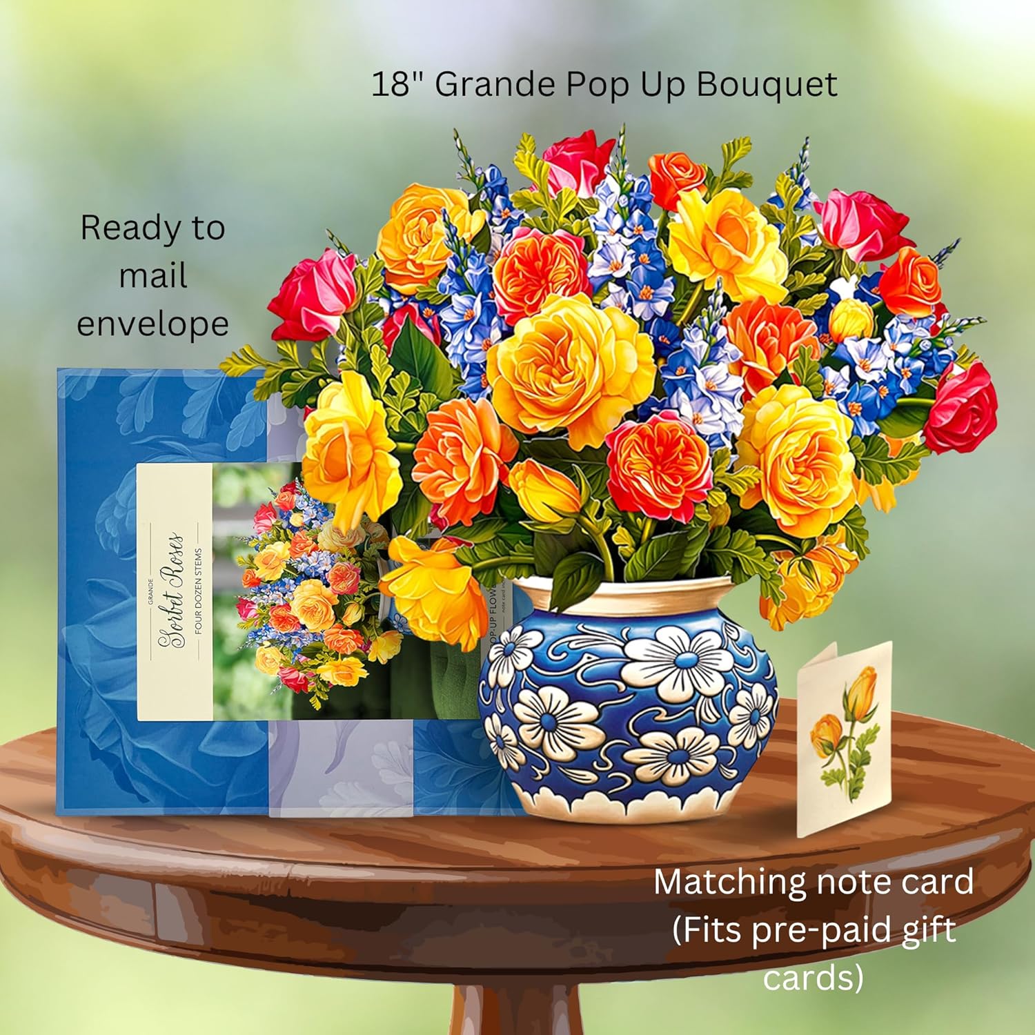 Freshcut Paper Pop Up Cards, Grande Sorbet Roses, 18 Inch Life Sized Forever Flower Bouquet 3D Popup Greeting Card, Birthday Cards, Thank You Card, Blank Notecard & Envelope