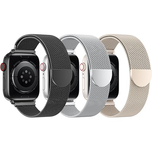BELONGME 3 Pack Mesh Loop Compatible with Apple Watch Band 40mm 41mm 38mm 42mm 44mm 45mm 49mm Series Ultra SE 9 8 7 6 5 4 3 2 1 Women Men, Stainless Steel Metal Strap Magnetic Clasp for iWatch Bands