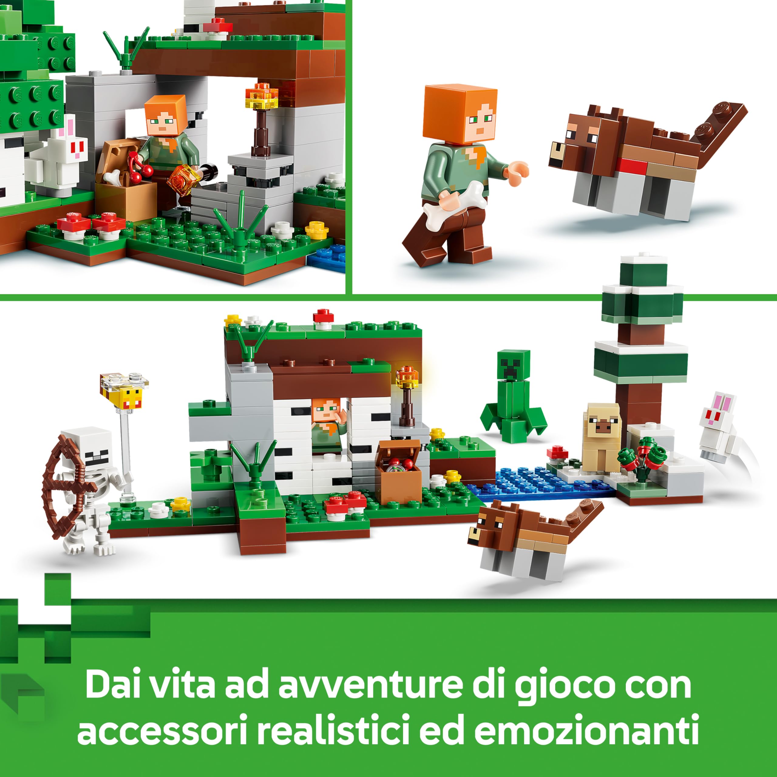 LEGO Minecraft Avventura della Prima Notte - Giocattolo Interattivo con 7 Personaggi tra cui Alex, un Creeper, uno Scheletro e un Lupo - Regalo per Gamer, Bambini e Bambine da 8 Anni in su - 21593