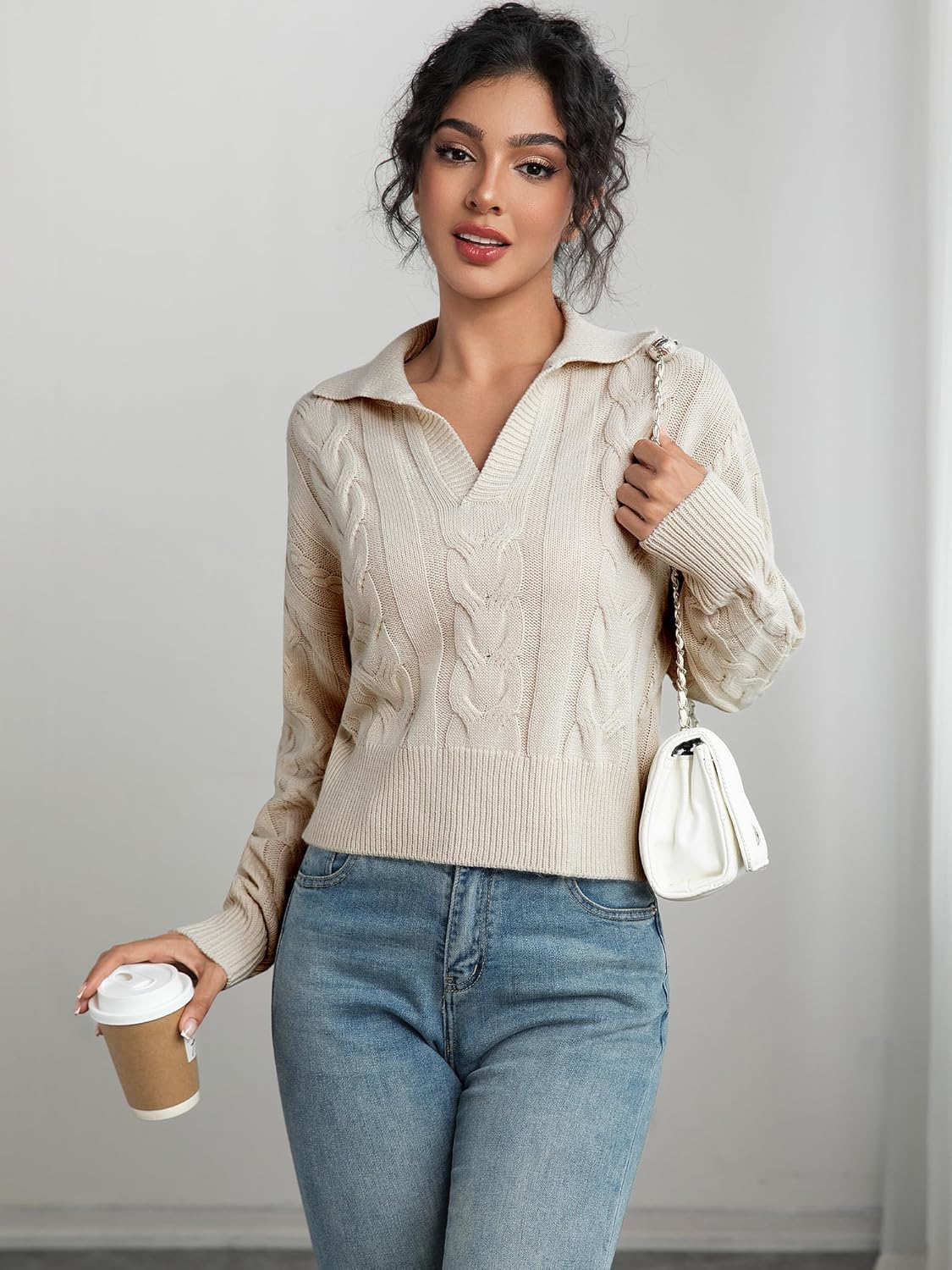 Women's V Neck Cable Pullover Sweaters Casual Long Sleeve Cropped Knitted Tops - Image 4