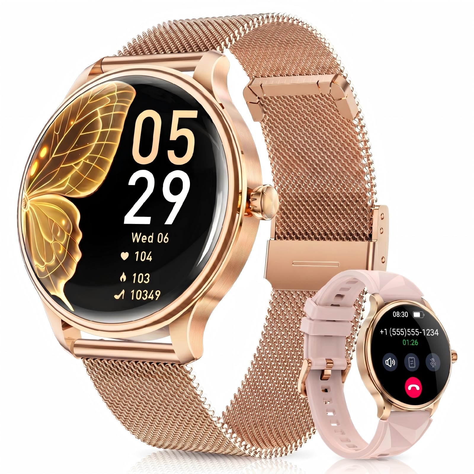 WalkerFit Smartwatch Damen 1,43" AMOLED Bluetooth Anrufe IP68 Fitness Kompatibel iPhone Android Kabelloses Laden wasserdicht Herzfrequenz SpO2 Schlafanalyse 120+ Sportmodi Roségold
